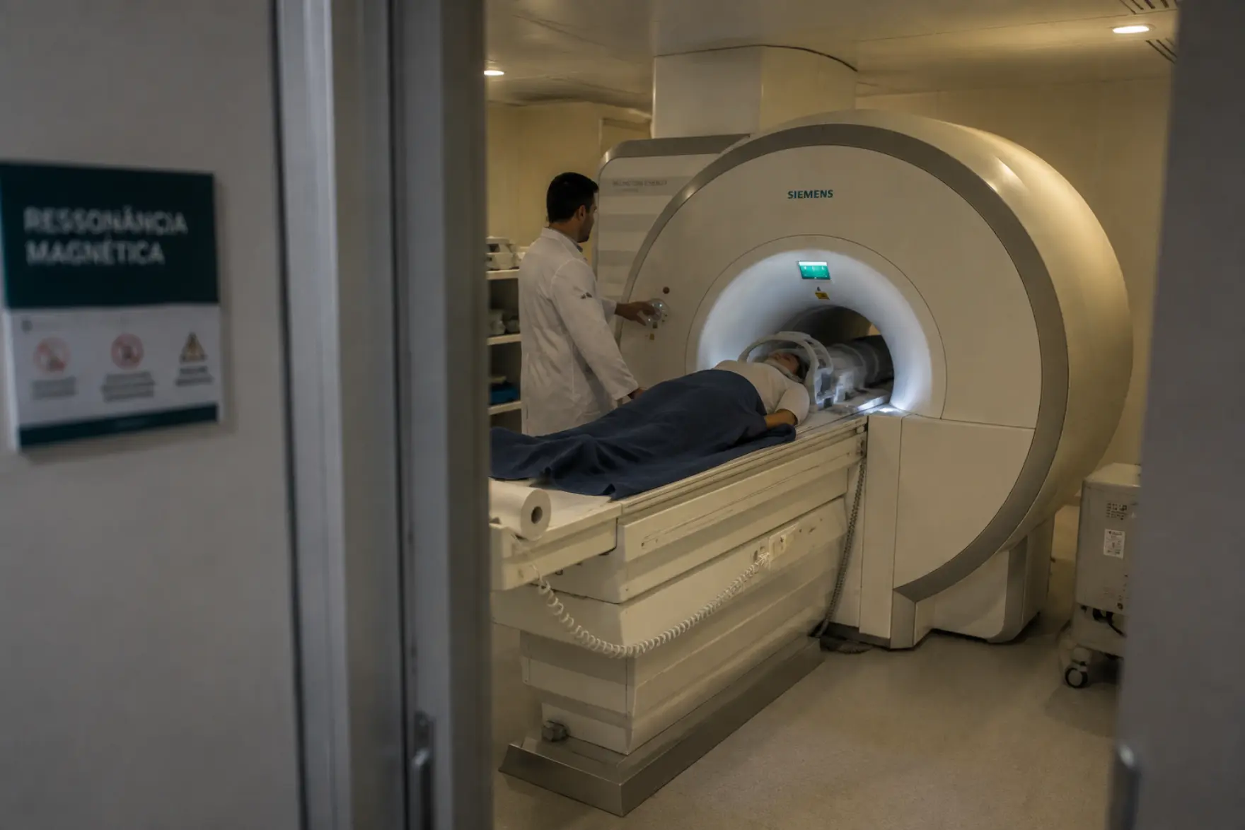 Ambiente hospitalar com equipamento de imagem